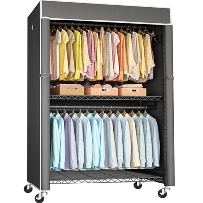 Black Clothing Rack with Dark Gray Cover, P1C Plus Rolling Closet | Metal Garment Rack with Wheels for Hanging Clothes, Portable Clothing Storage Wardrobe - color: Black Rack with Dark Gray Cover