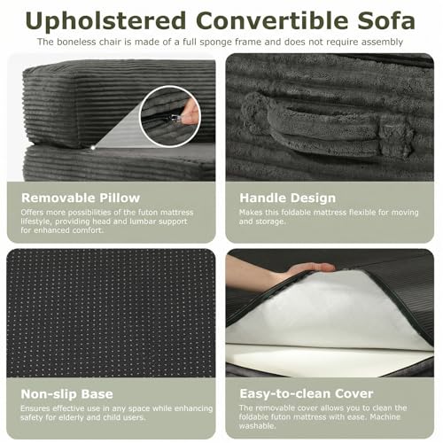 5-in-1 Convertible Sofa Bed, Boneless Loveseat with Removable Cushions & Washable Cover,Futon Sofa Bed with Handle, Pull Out Couch for Small Spaces, King Size, Grey - color: Grey, size: King Size-83''L*76''W