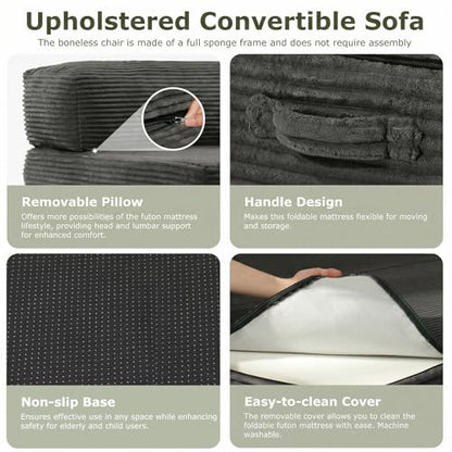 5-in-1 Convertible Sofa Bed, Boneless Loveseat with Removable Cushions & Washable Cover,Futon Sofa Bed with Handle, Pull Out Couch for Small Spaces, King Size, Grey - color: Grey, size: King Size-83''L*76''W