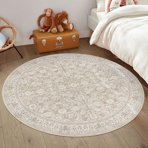 SIILOOM Washable 5ft Circle Round Rug, 5x5 Non-Slip Soft Circular Area Rugs | Cream/Beige/Yellow/White Spill & Stain Resistant Carpet for Living Room Dining RoomUnder Table - color: Cream/Beige/Yellow/White/Grey, size: 5' (Round)