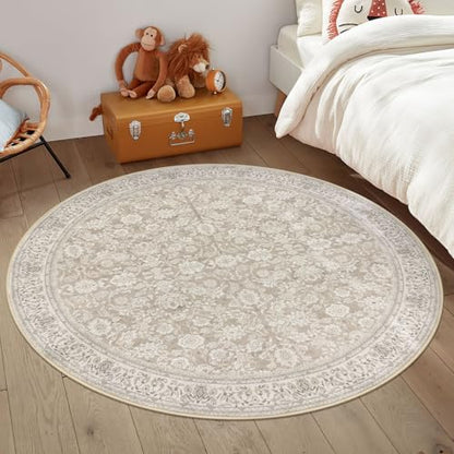 SIILOOM Washable 5ft Circle Round Rug, 5x5 Non-Slip Soft Circular Area Rugs | Cream/Beige/Yellow/White Spill & Stain Resistant Carpet for Living Room Dining RoomUnder Table - color: Cream/Beige/Yellow/White/Grey, size: 5' (Round)