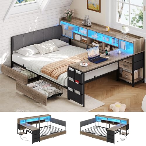 BYSAUD Corner Bed with Storage and Desk, Twin Bed Frames, Corner Bed Frame with 4 Drawers, 7 Bookcase, 1 Side Storage Bag, Upholstered Headboard, LED Lights, Charging Station, Oak Gray - color: Oak Gray, size: Twin Corner Bed