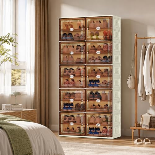 White Foldable Shoe Rack Organizer for 40 Pairs | Tool-free Assembly, Magnetic Clear Door, Anti-Tiping, Sneaker Storage, adjustable shelf, Folding Design, Garage, Entryway - size: 10Tier