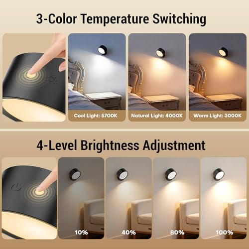Rechargeable Wall Sconces, Renter-Friendly Peel & Stick (2PCS) | Long 160H Battery, 3 Color Temps, 4 Bright, Touch/Remote, 360° Rotate, for Bedroom, Living Room, Hallway, Reading (Black) - color: Black