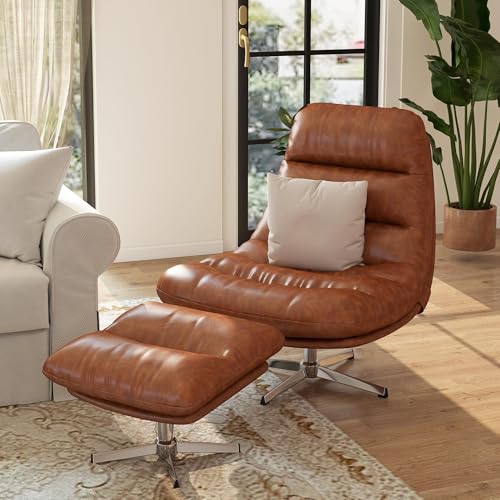 HNY Brown Swivel Lounge Chair with Ottoman Modern PU Leather Accent Chair with Footrest 33'' Wide Oversized Armless Upholstered Reading Chair with Footstool for Living Room Bedroom Comfy - size: 1 SET
