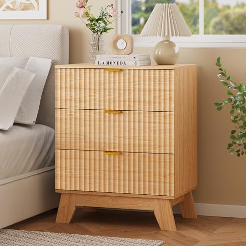 Fluted Nightstand with 3 Large Drawers, Wooden Side End Table with Elevated Legs for Easy Cleaning, Sturdy Modern Beside Table for Small Space, Bedroom, Oak, 24" L - color: Natural Oak