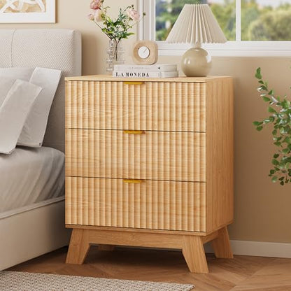 Fluted Nightstand with 3 Large Drawers, Wooden Side End Table with Elevated Legs for Easy Cleaning, Sturdy Modern Beside Table for Small Space, Bedroom, Oak, 24" L - color: Natural Oak