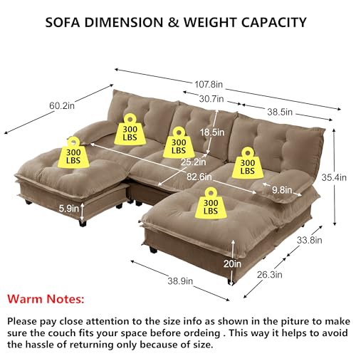 Modular Sectional U-Shaped Sofas,Roomy 3 Seater Sofa Couch with Ottomans,107.8" Chenille U Shape Cloud Couches,Modern Tufted Corner Sofa Set for Living Room - color: Light Coffee, size: 3+2