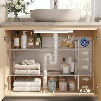 Under-Sink Organizer 2-Tier Expandable Cabinet Storage (10 panels) | LED Motion-Sensing Auxiliary Lighting Dial Thermometer Stainless Steel Telescopic & Adjustable Rust-Resistant - size: 10 panels