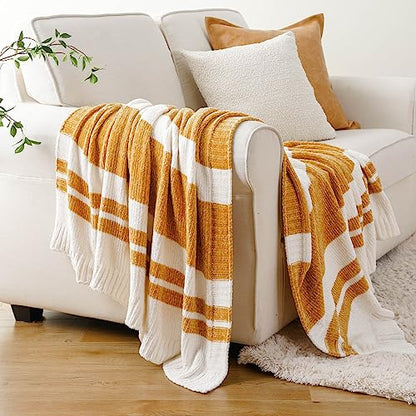BATTILO HOME Mustard Yellow Throw Blanket for Couch, Soft Chenille Throw Blanket Knit Throw Blankets for Bed, Sofa,Chair, Farmhouse Throw Blankets, Fall Throw Blanket,51"x67" - color: Yellow and White Striped