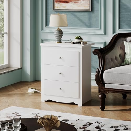 WLIVE Tall Nightstand with Charging Station, Wood Bedside Table, White | 3 Drawers Storage, Power Outlets(2AC+2USB), Easy Assembly, Premium Eco-friendly Wood, White Night Stand for Bedroom - color: White