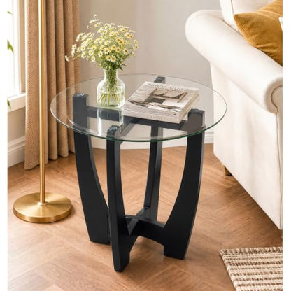 Glass End Table, 23.5" Round Side Tables with Tempered Glass Top Cross and Solid Wood Base Small Night Stand for Living Room Office Apartment Black - color: D-2, size: Round