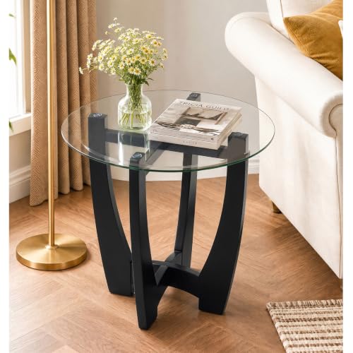 Glass End Table, 23.5" Round Side Tables with Tempered Glass Top Cross and Solid Wood Base Small Night Stand for Living Room Office Apartment Black - color: D-2, size: Round