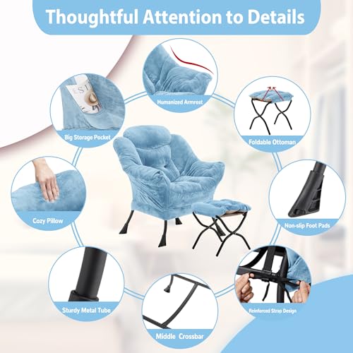 Youtanic Lazy Chair with Folding Ottoman, Accent Chair Plush Upholstered with Metal Structure and Non-Slip Pads, Sofa Armchair with Footrest and Side Storage Bag for Dorm, Room, Office, Blue - color: Plush Blue