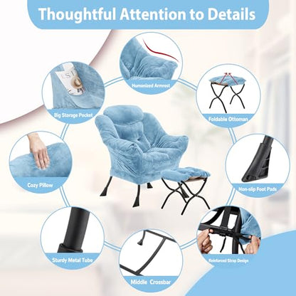 Youtanic Lazy Chair with Folding Ottoman, Accent Chair Plush Upholstered with Metal Structure and Non-Slip Pads, Sofa Armchair with Footrest and Side Storage Bag for Dorm, Room, Office, Blue - color: Plush Blue