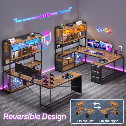 busyeah U-Shaped Gaming Desk with Storage Shelves & 3 Drawers, Rustic Brown | Reversible Computer Desk with LED Lights & Charging Station, Gaming Desk with Hutch and Pegboard for Home Office, Gamers - color: Rustic Brown