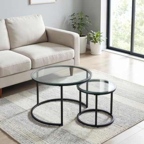 Round Nesting Coffee Table Set of 2, Glass Stacking Minimalist End Table | Modern Marble Pattern Wooden Nesting Tables for Living Room Bedroom Small Space, Clear Tempered Glass and Black Leg - color: Glass & Black