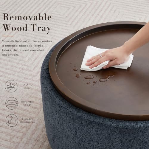 Zihanhome 30" Round Storage Ottoman Coffee Table with Removable Tray Top, Large Hidden Storage Ottoman, Solid Wood Legs for Living Room, Bedroom, Apartment (Blue Striped) - color: Blue Striped