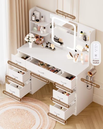 LIVELYGLOW 43" Large White Makeup Vanity Desk with Charging Station | Smart LED Mirror, Hairdryer Holder, 7 Drawers, 4 Shelves - color: White