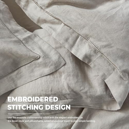 Simple&Opulence 100% Washed Linen Duvet Cover Set with Embroidered,3 Pieces Soft Farmhouse Comforter Set with Button Closure,1 Duvet Cover and 2 Pillowshams(Full,Grey) - color: Embroidery Grey, size: Full