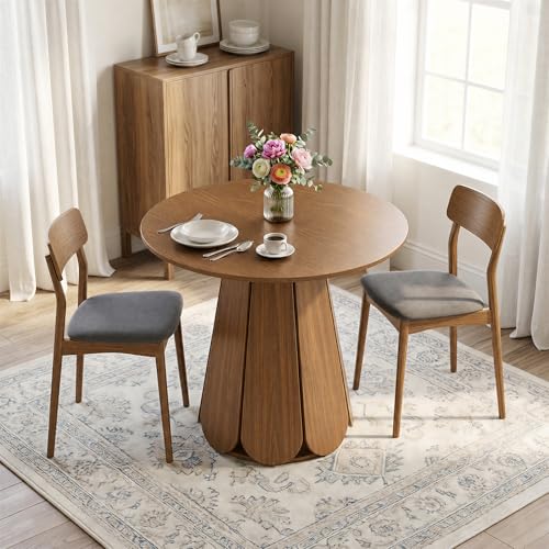 31.5" Round Dining Table, Small Circle Kitchen Table for 2-4 People, Modern Farmhouse Wood Dinning Room Tables with Pedestal Base, Space Saving Dinner Tables for Small Spaces, Mesa de Comedor, Walnut - color: Walnut