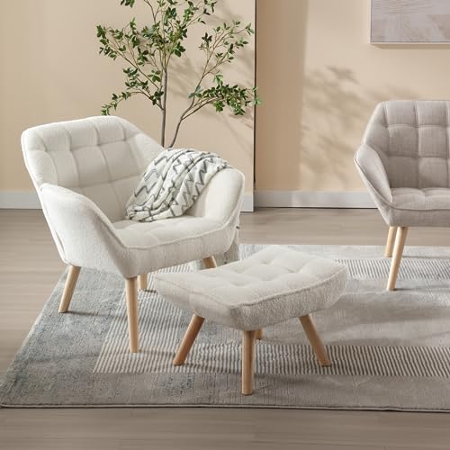 Modern Sherpa Accent Chair with Ottoman, Fluffy Upholstered Lounge Chair with Footrest, Comfy Living Room Side Boucle Armchair for Small Space Bedroom Apartment, White - color: White With Ottoman