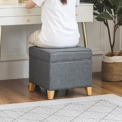 Linen Storage Ottoman, 17.5 Inch Square Upholstered Footrest Stool with Hinged Lid for Living Room, Bedroom & Entryway, Small Cube Accent Foot Stool, Grey with Natural Wood Legs - color: Grey With Burlywood Legs