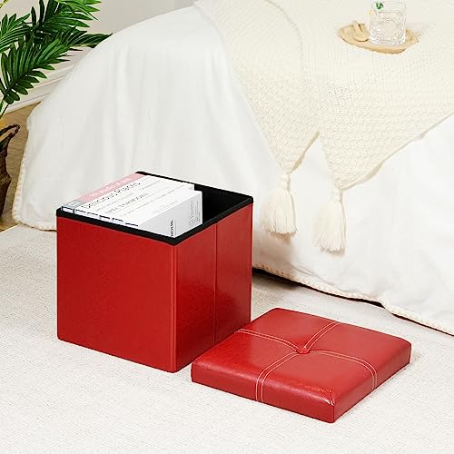 B FSOBEIIALEO Folding Storage Ottoman Cube, Faux Leather Footrest Seat Coffee Table, Red 11.8"x11.8"x11.8" - color: Red 11.8"x11.8"x11.8"
