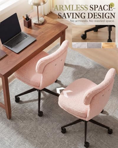 COMHOMA Vanity Chair with Ergonomic Curved Backrest, Home Office Desk Chair with Silent Wheel, Wide Seating Computer Chair for Girls Women Bedroom, Soft Teddy Fabric, Pink - color: Pink, Teddy Fleece