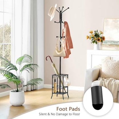 Hoctieon Coat Rack Freestanding, Coat Tree with Umbrella Holder, Metal Coat Rack Stand with 12 Hooks, Standing Coat Hanger Stand, Umbrella Stand for Entryway, Hat Rack Stand for Home Office, Black - color: Black