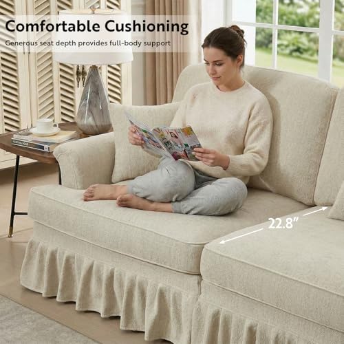 Loveseat Sofa Couch, 2 Seat Comfy Chenille Sofa with Removable Ruffled Skirt, Flared Armrests, Sturdy Legs, Convertible Sectional for Living Room, Bedroom, Apartment (Beige) - color: Beige, size: 76.4 Inch L