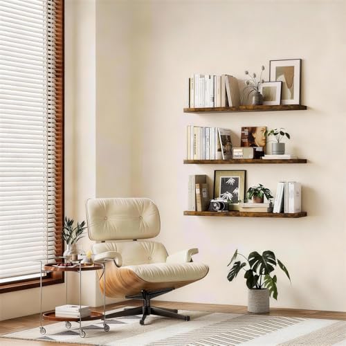 BAYKA Rustic Brown Floating Shelves 22.5in, 3 Pack, Wall Mount Wood Shelf | Easy Install, 22lbs Max Load, Hidden Bracket, for Bathroom Bedroom Kitchen Display Storage Decor, Multi-Wall Compatible - color: B. Rustic Brown - Americana Farmhouse Style, size: