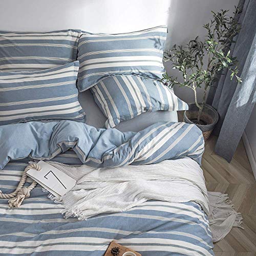 BISELINA Bedding Duvet Cover Set 100% Washed Cotton Linen Like Textured Yarn Dyed Horizontal Stripes Reversible Breathable Soft Comfy Chic Bedding (Twin, Button Closure Blue) - color: Button Closure - Blue, size: Twin
