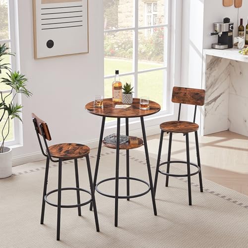 23.6” Diameter Round Bar Table Set for 2 with Storage Shelf, Counter Height Pub Table and Chairs, Small Round Kitchen Table with Backrest Stools for Small Spaces, Breakfast Nook Dining Table - color: Rustic Brown, style: Round w/ Wood Seat Stool