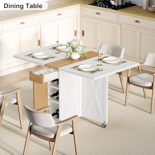 Folding Dining Table for 2-6, Easy Assembly, White+Oak | 52.7" Folding Dining Table with 6 Wheels, Drop Leaf Table with Drawers, Shelves and Wine Rack for Small Spaces - color: White
