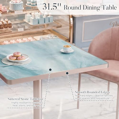 31.5'' Tulip Table, Square Dining Table with Glossy Sintered Stone Tabletop | Rose Gold Aluminum Alloy Edge & Pedestal, Small Bistro Table for Dining Room/Café/Small Spaces/Restaurant (Aqua Jade) - color: Aqua Jade (Rose Gold), size: Square