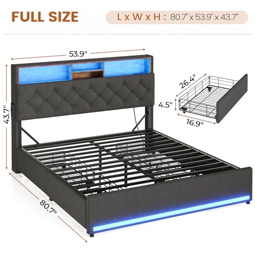 Full Size Bed Frame with Headboard Storage, 4 Drawers, Dark Grey | LED Bed Frame Full Size with Charging Station, Lights, 5 Shelves, Upholstered Bed with Metal Slats, No Box Spring Needed - color: Dark Grey-linen Fabric, size: Full