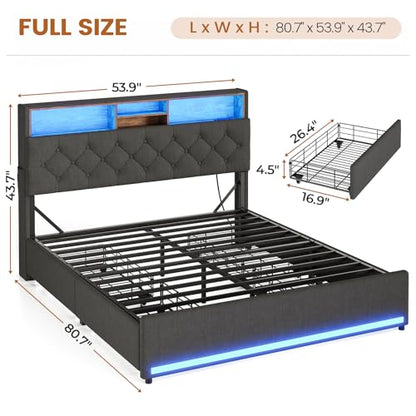 Full Size Bed Frame with Headboard Storage, 4 Drawers, Dark Grey | LED Bed Frame Full Size with Charging Station, Lights, 5 Shelves, Upholstered Bed with Metal Slats, No Box Spring Needed - color: Dark Grey-linen Fabric, size: Full