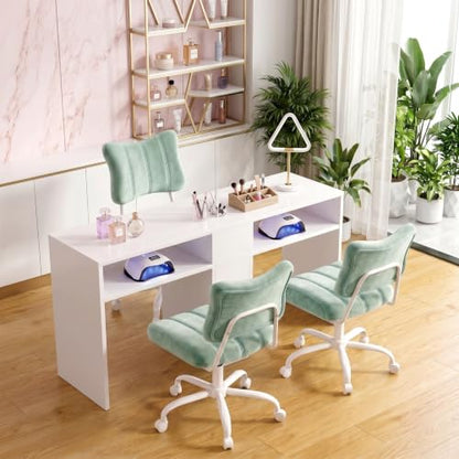 Homkdom Velvet Vanity Chair with Bow Backrest & Height Adjustable,Bedroom | Armless,360 Swivel,Silent Casters for Dressing Room & Living Room, Home Office,Make up,Reading,Light Green - color: Light Green