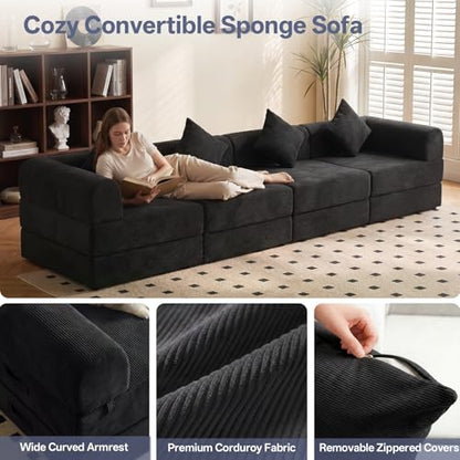 112" L Shaped Modular Sectional Sofa with Ottoman, Cloud Boneless Couch Deep Seat with 4 Pillows, Oversized Folding Sofa Bed Couches for Living Room Bedroom,No Assembly-Black - color: Solid Black, size: 4 Seat