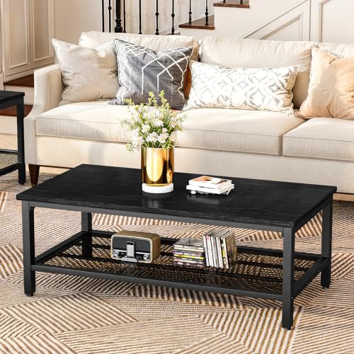 3 Pieces Living Room Table Set, Industrial Coffee Table with 2 Square End Side Tables, Coffee Table Set with Metal Frame for Apartment Home Office, Black - color: Black