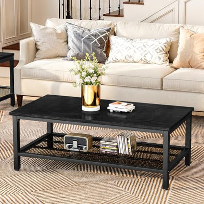 3 Pieces Living Room Table Set, Industrial Coffee Table with 2 Square End Side Tables, Coffee Table Set with Metal Frame for Apartment Home Office, Black - color: Black