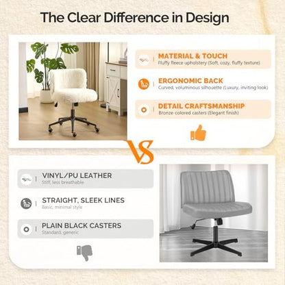 VINGLI Plush Upholstery Vanity Desk Chair with Curved Back & 90-102° Tilt &Adjustable Height, Cute Rolling Chair with Bronze Base & Golden-Bronze 360° Swivel Wheels for Makeup &Home Office,White Cream - color: White Cream