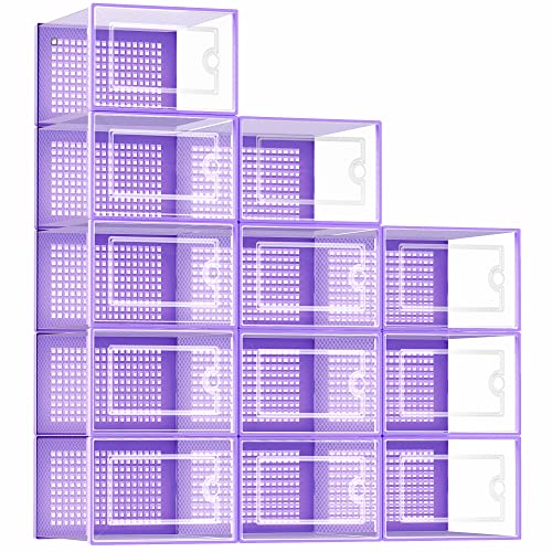 Kuject Large Shoe Organizers Storage Boxes for Closet, 12 Pack Clear Plastic Stackable Storage Bins with Lids, Under Bed Shoe Containers for Entryway, Drop Front, Fit up to Women's Size 10,Purple - color: Purple, size: Large