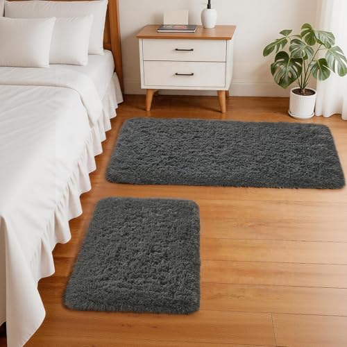 Ophanie Small Rug Washable Non Slip Throw Bedside Area Rugs, Fluffy Soft Mini Bedroom Carpet, 1.5x2.5 and 1.5x4 Rug Set, 2 Piece Grey - color: 1- Grey, size: 1.5' x 2.5' + 1.5' x 4' (Rectangular)