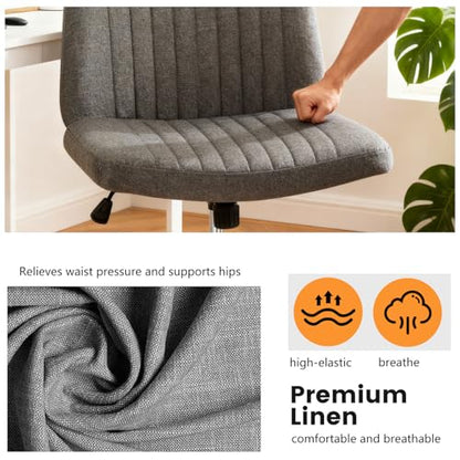 FDW Criss Cross Chair with Wheels Cross Legged Office Desk Modern Swivel Height Adjustable Wide Seat Computer Task Vanity Chair Comfy Fabric Armless Seating for Home Office - color: Grey, style: With Wheels