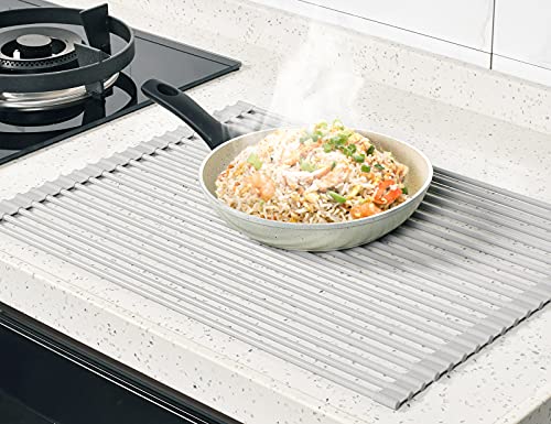20.5 x 15.5 Inch Roll-Up Dish Drying Rack, Fits Across Sink Openings up to 19.5 Inches, Heavy-Duty Premium Silicone, Strong Support, Non-Slip, Heat-Resistant, Warm Gray - size: 20.5" x 15.5"