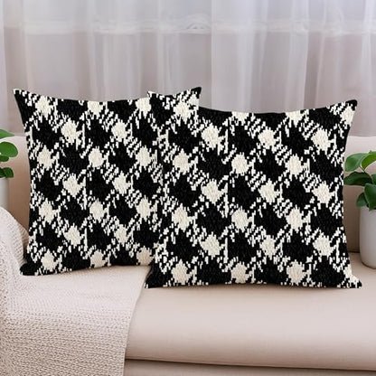 Houndstooth Throw Pillow Covers Set of 2, Modern Contemporary Geometric Abstract None Black Soft Velvet Washable Square Pillow Cases for Home Living Room Bedroom Dorm Couch Decor 16x16 Inch - size: 16" x 16" (Pack of 2)