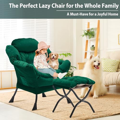 Youtanic Lazy Chair with Folding Ottoman, Accent Chair Velvet Upholstered with Metal Structure and Non-Slip Pads, Sofa Armchair with Footrest and Side Storage Bag for Dorm, Room, Office, Green - color: Green