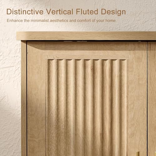 Okvnbjk Modern Sideboard Buffet Cabinet with Storage, Oak | Fluted Coffee Bar Cabinet with 4 Doors & Adjustable Shelves for Kitchen, Dining Room, Living Room & Hallway - color: Oak